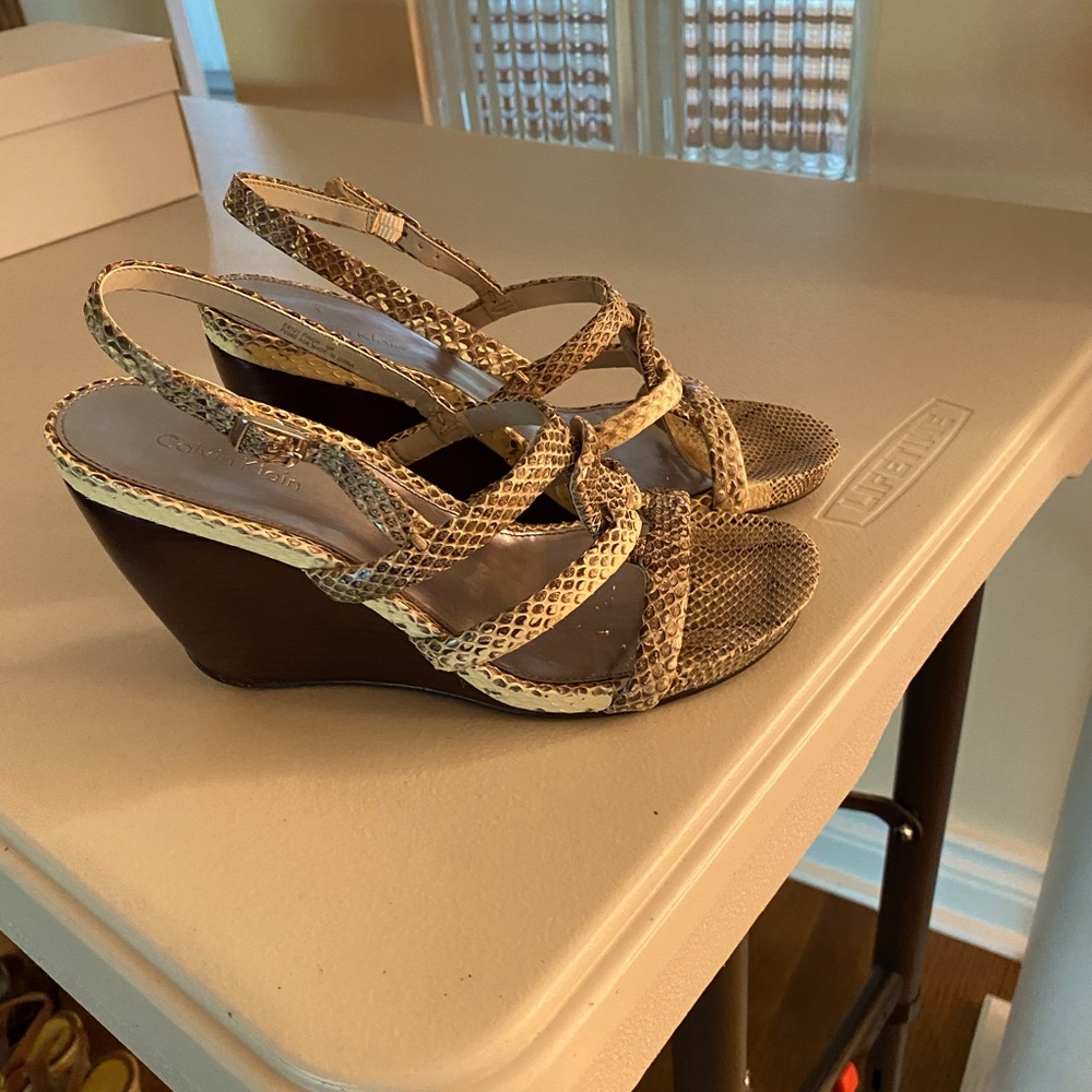 Calvin Klein sandals, snake print, size 6